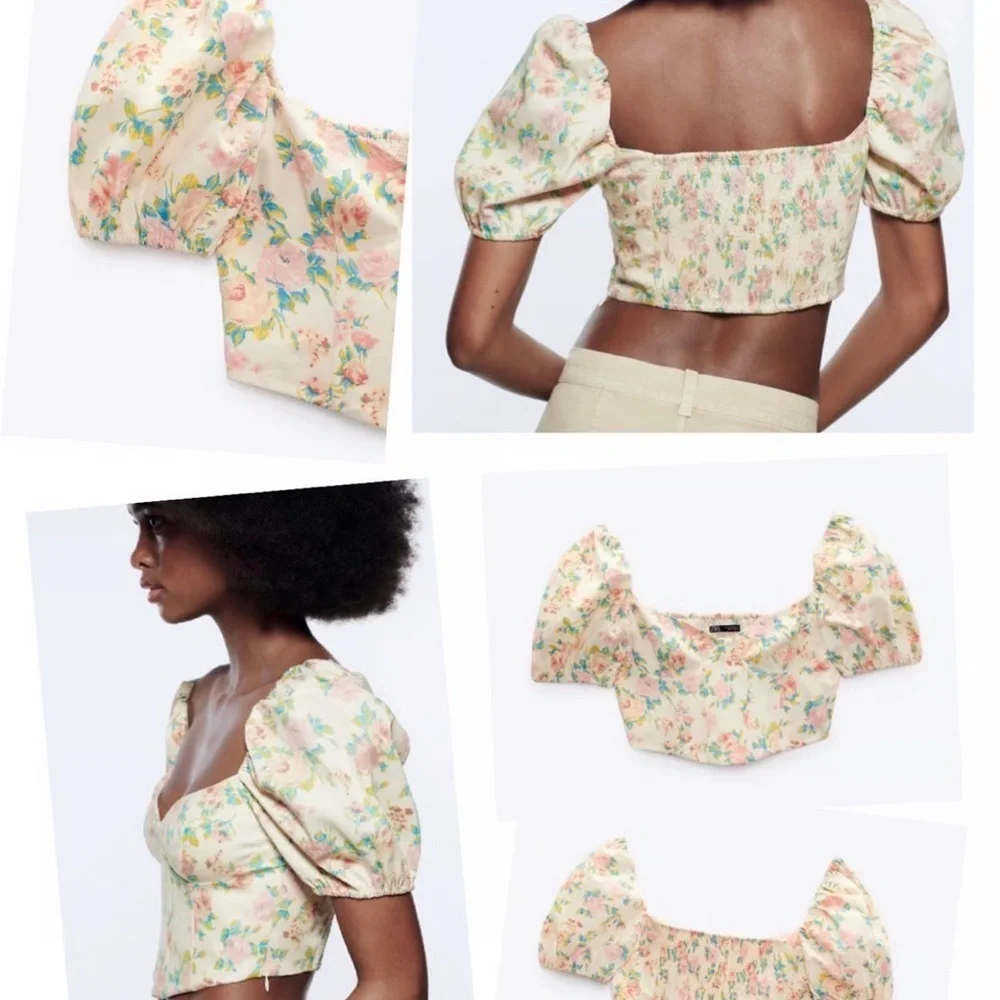 ZARA floral print corset-style top with puff sleeves